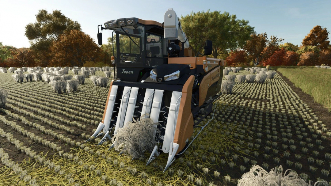 Iseki rice harvester 50m mod in FS25 harvesting a rice field with trees in background.