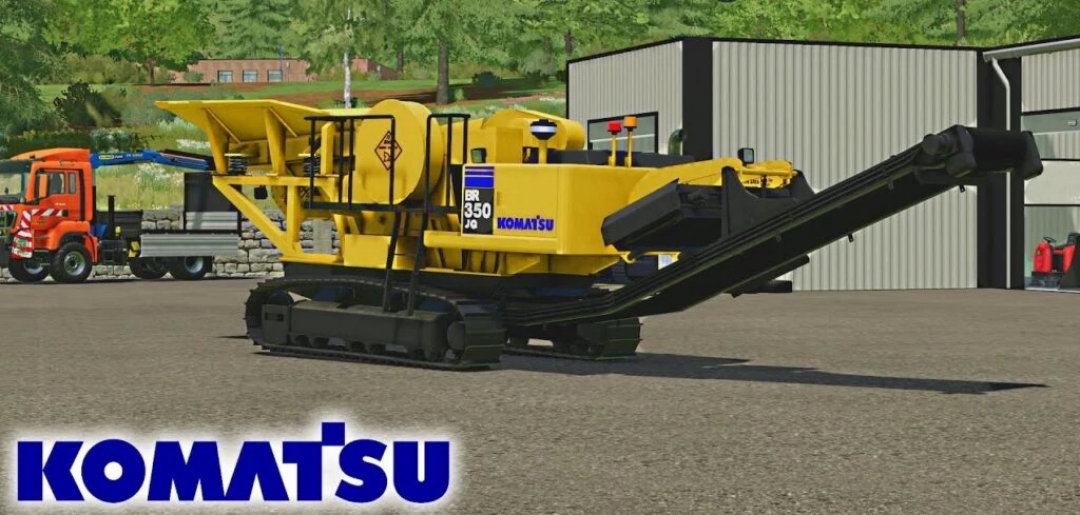 FS25 mod image showing yellow Komatsu BR350 V1.0.0.0 in a farmyard, part of Farming Simulator 25 equipment.