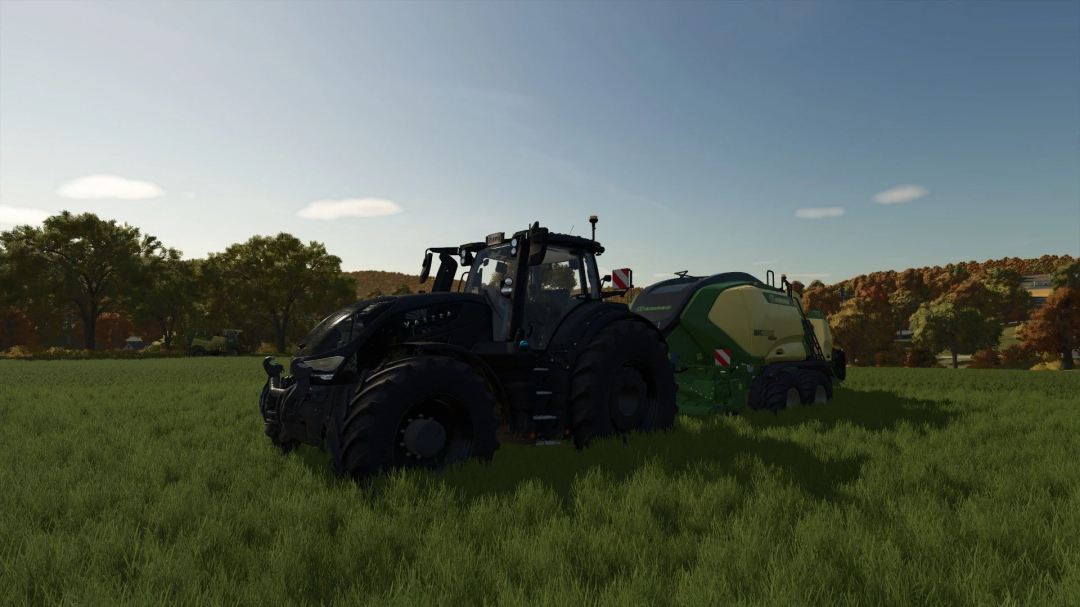 FS25 mod Krone BigPack 1290 HDP VC 100m in field with tractor, Farming Simulator 25.