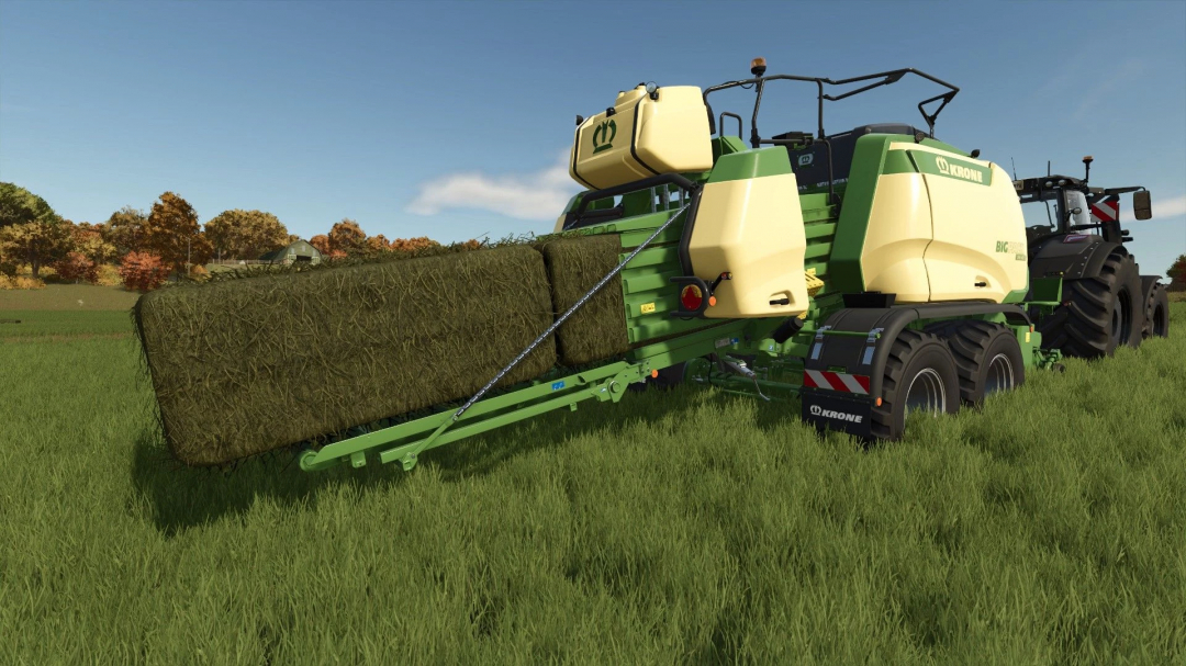 Krone BigPack 1290 HDP VC 100m mod in FS25 baling hay in a field.