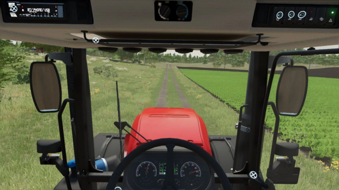 FS25 mod MTZ 3522 2024 v1.0.0.0 showcasing the tractor interior view driving through farmland.