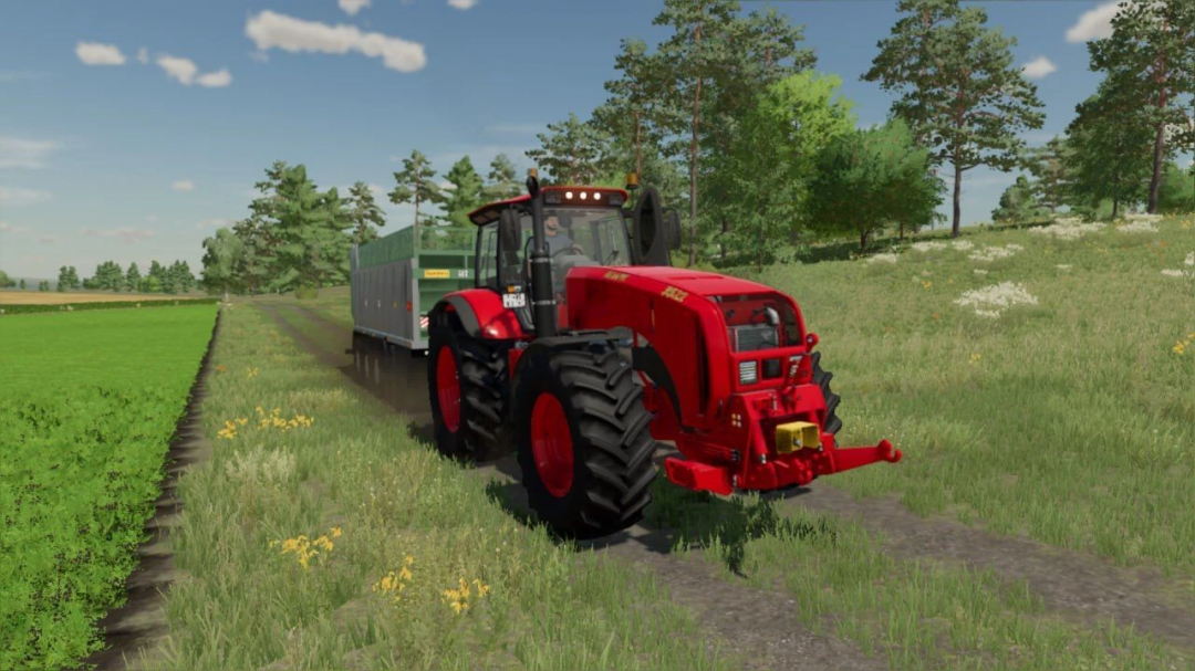 MTZ 3522 tractor towing trailer on field in FS25 mod.