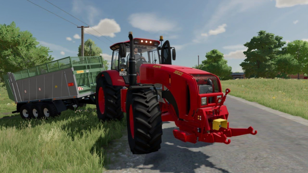 MTZ 3522 2024 tractor mod in FS25 pulling a green trailer on a rural road.