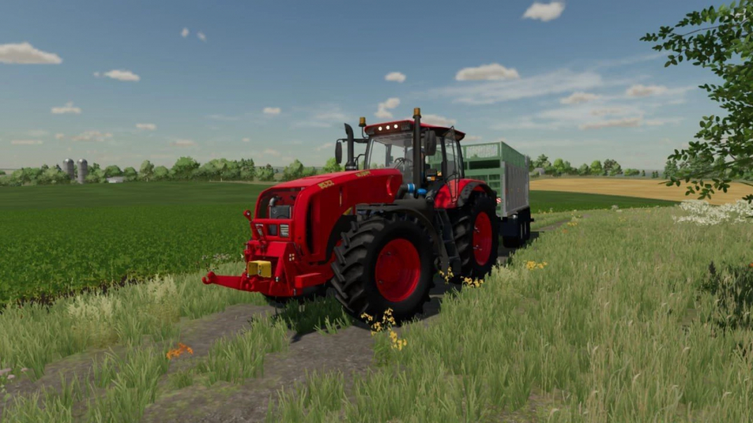 Red MTZ 3522 tractor towing a trailer on a farm in FS25 mods.