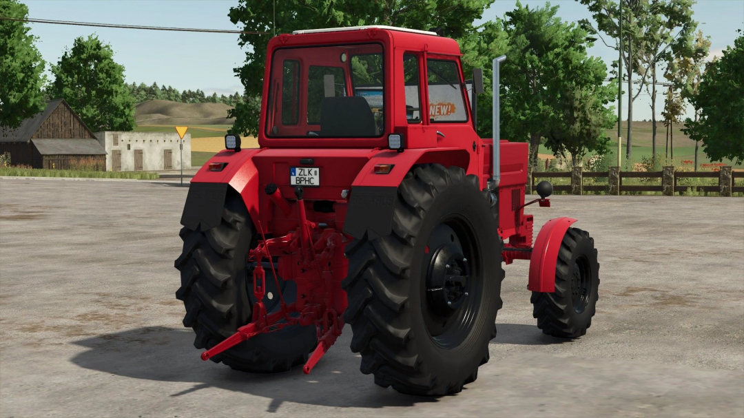 FS25 mod MTZ 82 Turbo v1.0.0.0 showcasing a red tractor on a farm scene.