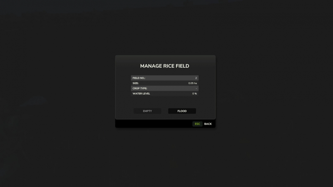 FS25 Manual Field Flooding mod interface, managing rice field water levels.