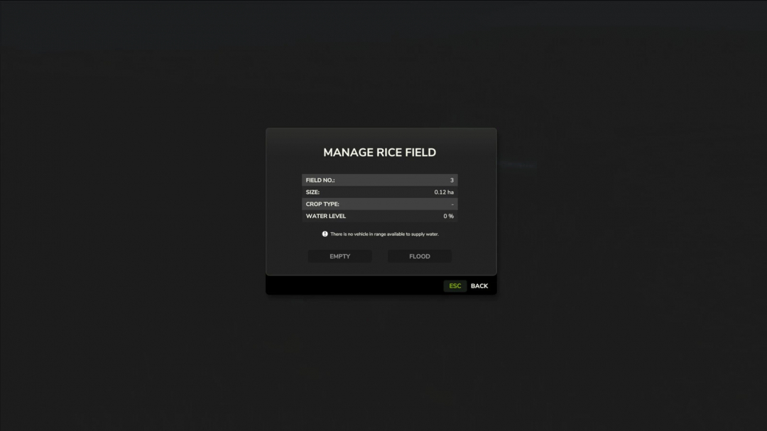 FS25 mod Manual Field Flooding v1.0.0.0 interface showing rice field management options.