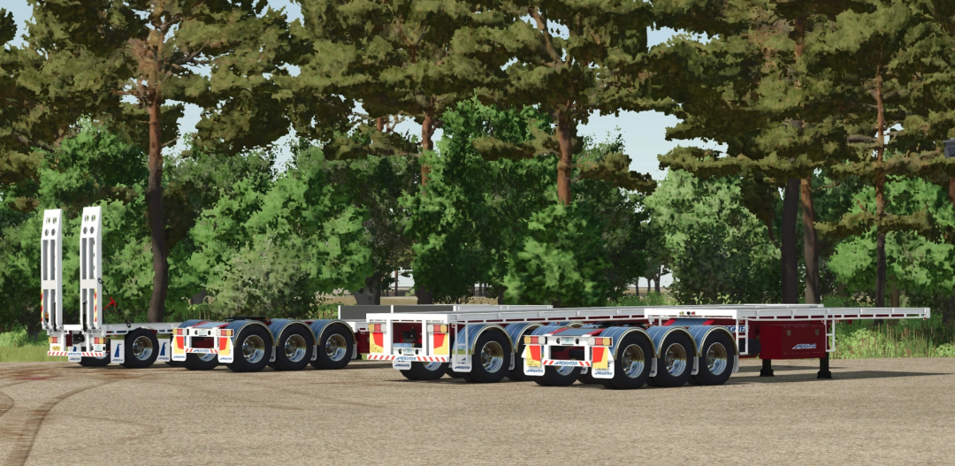 MaxiTrans Freighter Semis mod for FS25, featuring detailed trailers in a forest setting. Farming Simulator 25 mods.