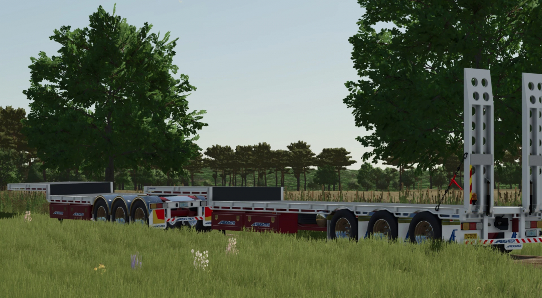 FS25 mod MaxiTrans Freighter Semis v1.0.0.0 showcased in a grassy field setting.