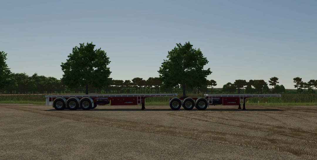 MaxiTrans Freighter Semis v1.0.0.0 mod in FS25, showcasing detailed trailers in a scenic environment.