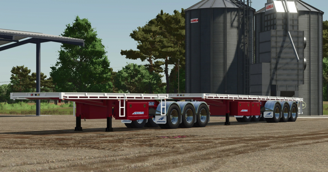 FS25 MaxiTrans Freighter Semis mod showcasing a freighter trailer in a farm setting.