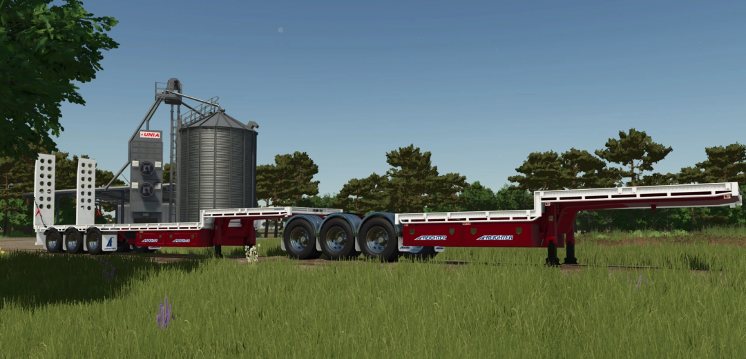 MaxiTrans Freighter Semis v1.0.0.0 mod for FS25, featuring a red flatbed trailer in a farm setting.