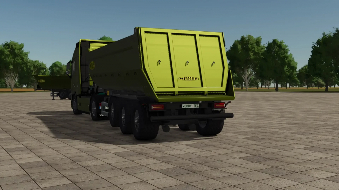 Meiller Tipper automatic LiftAchse mod for FS25, showcasing its design on a paved surface with green trees in the background.