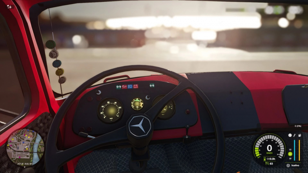 Interior view of Mercedes-Benz 1111 mod dashboard in Farming Simulator 25, showing detailed gauges and steering wheel.