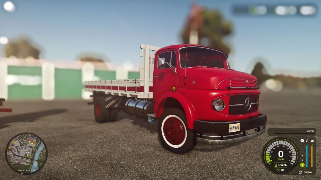 Red Mercedes-Benz 1111 truck mod in FS25, showcasing realistic details and dashboard in Farming Simulator 25.