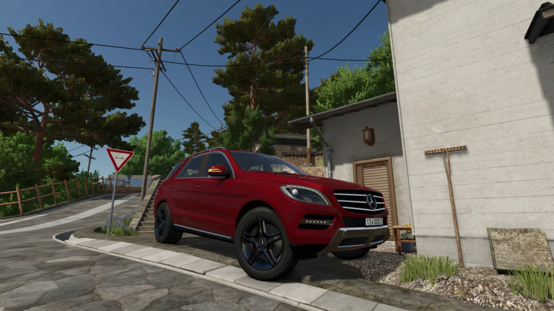 FS25 mod Mercedes-Benz ML350 v1.0.0.0 parked by a rural house in Farming Simulator 25.