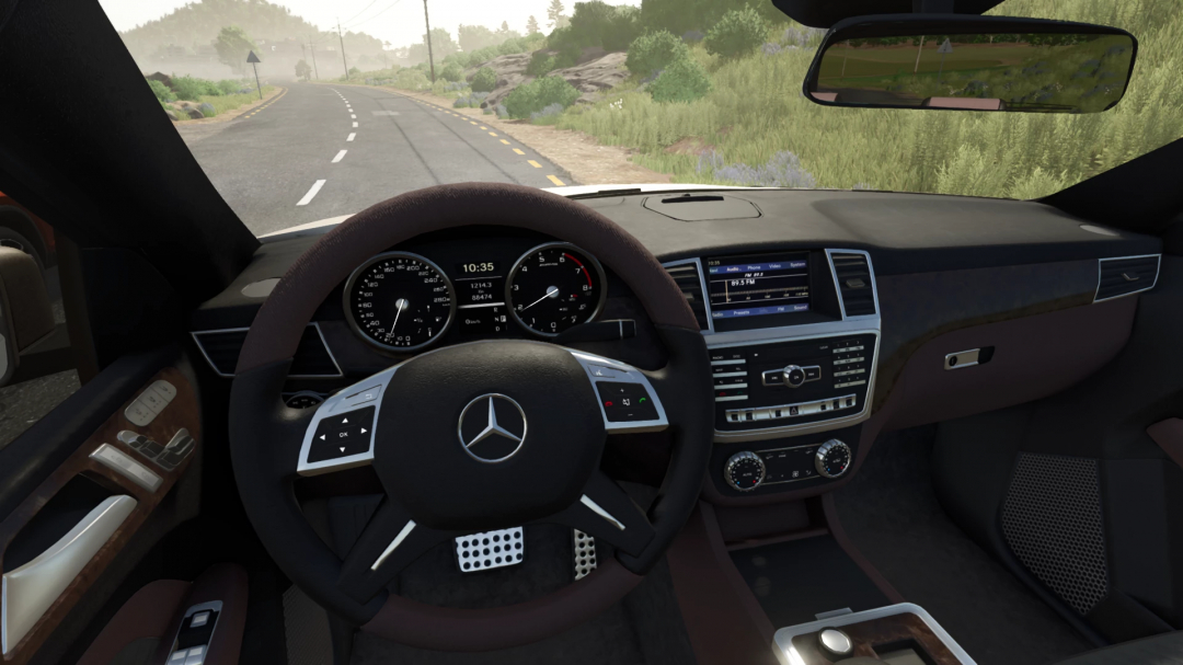 Interior view of Mercedes-Benz ML350 in FS25 mod, showcasing dashboard and steering wheel details.