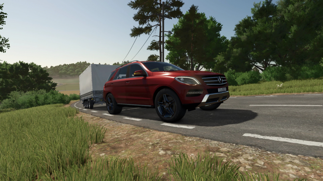 Mercedes-Benz ML350 towing a trailer on a rural road in FS25 mod.