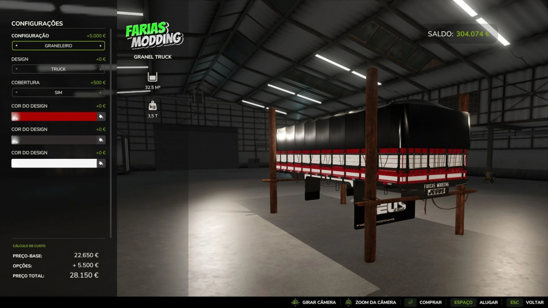 FS25 mod Mercedes Benz 1313 v1.0.0.0 showing customization options in a warehouse setting.