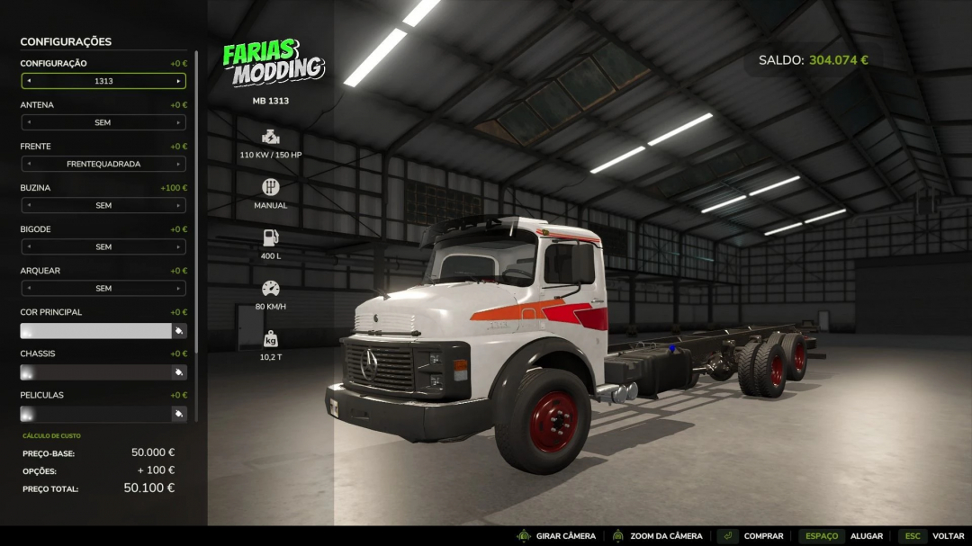 Mercedes Benz 1313 FS25 mod in a garage setting, showing configuration options and specifications for Farming Simulator 25.