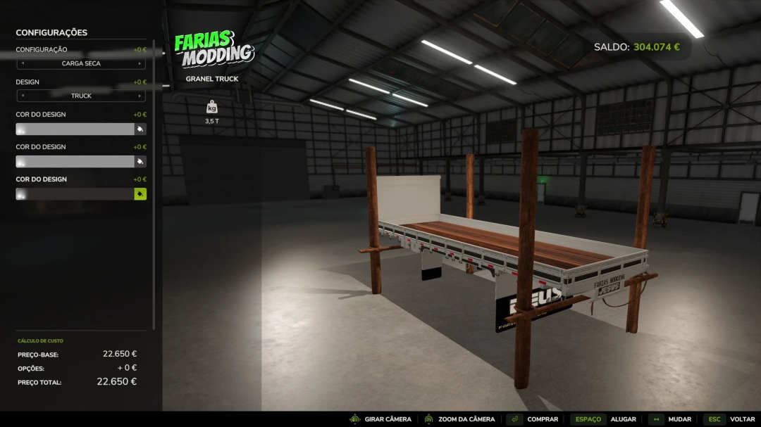 FS25 mod screenshot shows Mercedes Benz 1313 truck configuration in a large warehouse. Interface displays design and cost options for customization.