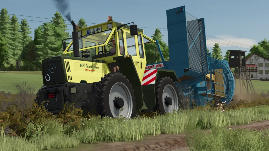 FS25 mod Mercedes Benz MB Trac 1300-1800 tractor in field, featuring realistic details in Farming Simulator 25.