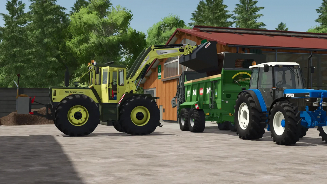 FS25 mod featuring Mercedes Benz MB Trac 1300-1800 loading soil into a green trailer, alongside a blue tractor outside a barn.