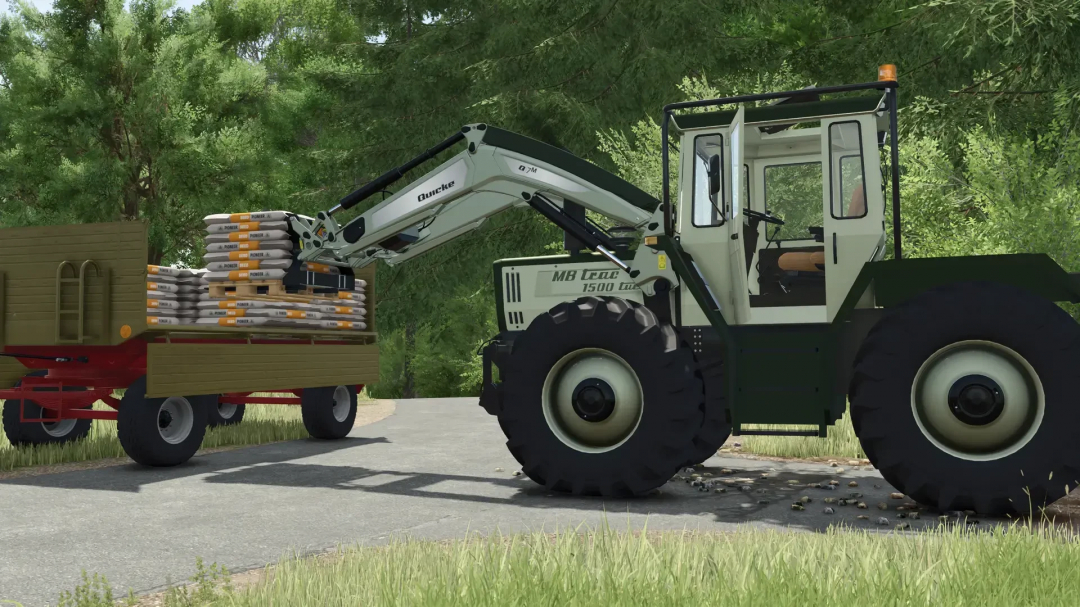 FS25 mod Mercedes Benz MB Trac 1300-1800 v1.0.0.2 shown loading pallets onto a trailer in Farming Simulator 25.