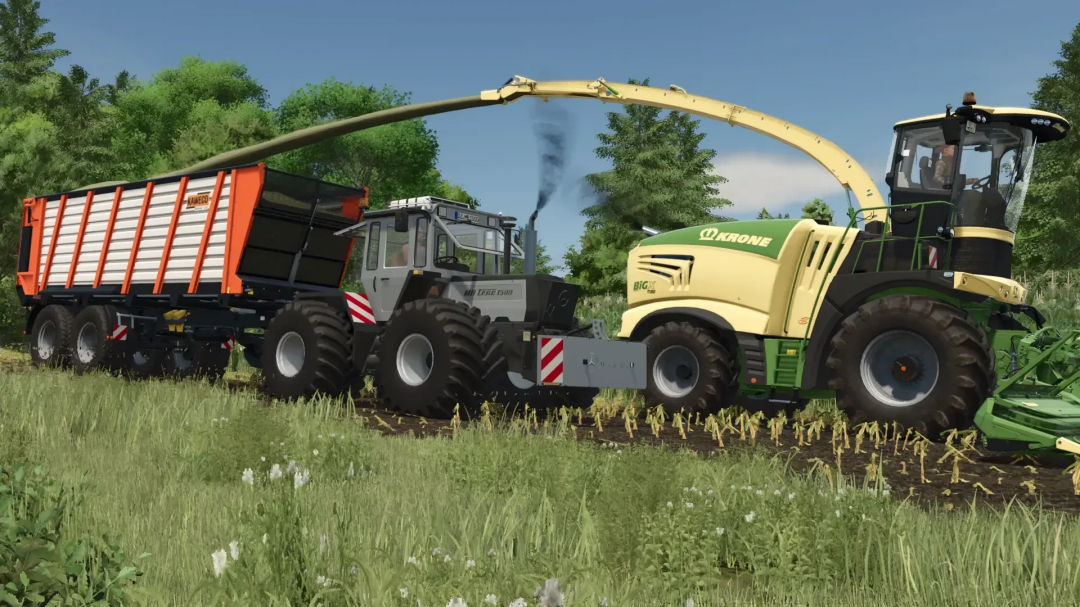 FS25 mod showing Mercedes Benz MB Trac 1300-1800 with Krone harvester and trailer in a field.