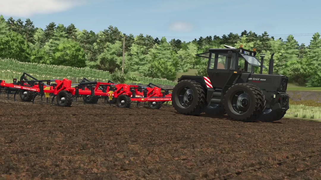 FS25 mod: Mercedes Benz MB Trac 1300-1800 tractor in a field with red farming equipment.