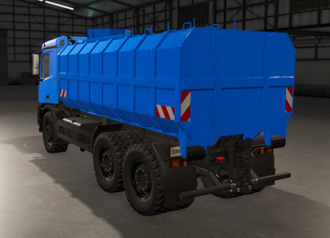 FS25 mods: Blue milk truck in Farming Simulator 25 mod, parked inside a warehouse, version 1.0.0.0.