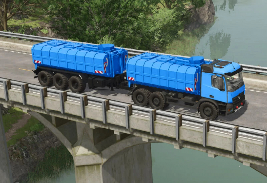 Milk truck mod in FS25 on a bridge, featuring a blue tanker design in Farming Simulator 25.