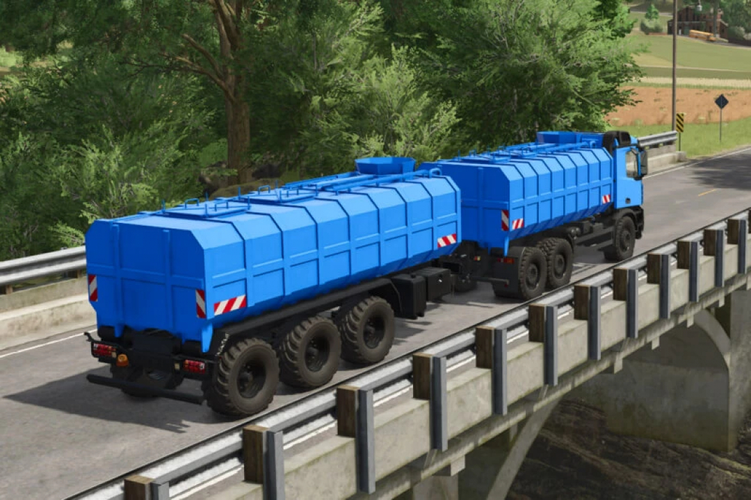 FS25 mods: Blue milk truck crossing bridge in Farming Simulator 25 mod v1.0.0.0