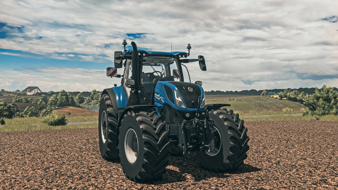 New Holland T7 mod in FS25, showcasing detailed tractor design on a farm.