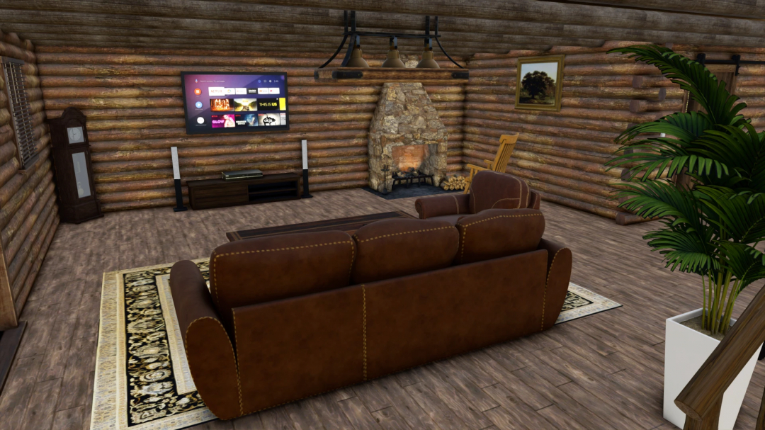 Interior of Old Log House mod in FS25, featuring a cozy living room with a fireplace, TV, and brown sofa. Farming Simulator 25 mods.