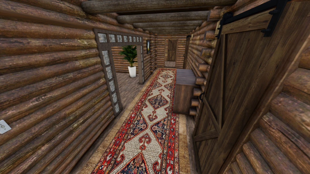 Interior of Old Log House mod for Farming Simulator 25, featuring rustic wooden walls and a patterned rug.