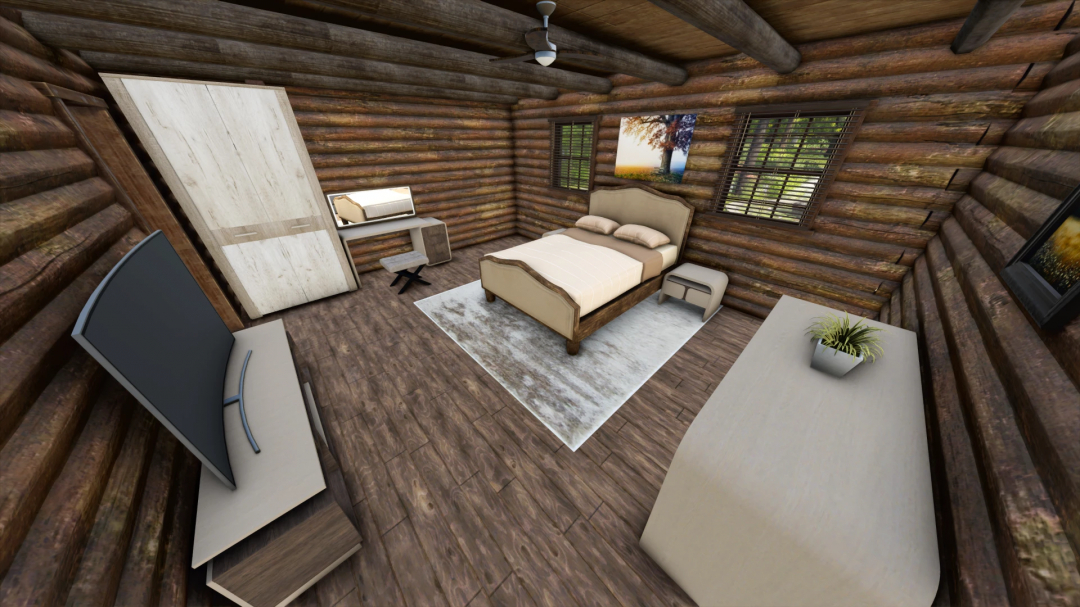 Interior of Old Log House mod for FS25, featuring a rustic bedroom with wooden walls and modern furniture. Farming Simulator 25 mods.