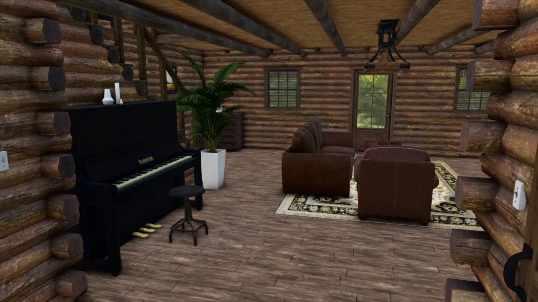 Interior of Old Log House mod for FS25 with piano, sofas, and rustic decor.