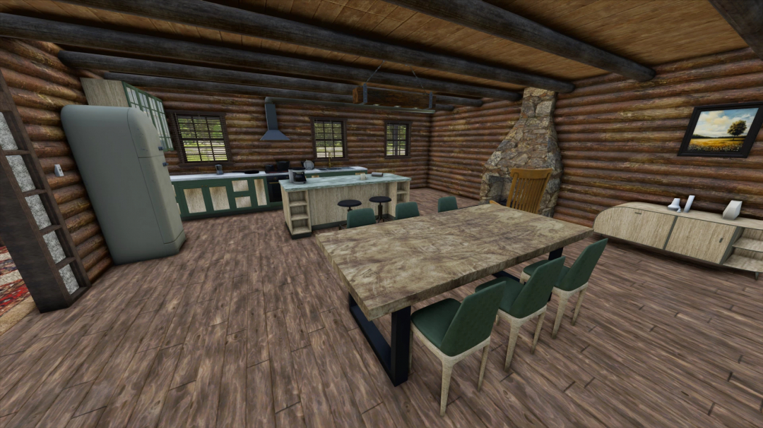 Interior of Old Log House mod in FS25, featuring rustic wooden design and furnishings.