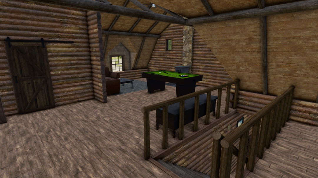 Interior of an old log house mod in Farming Simulator 25, featuring a pool table and rustic wooden design.