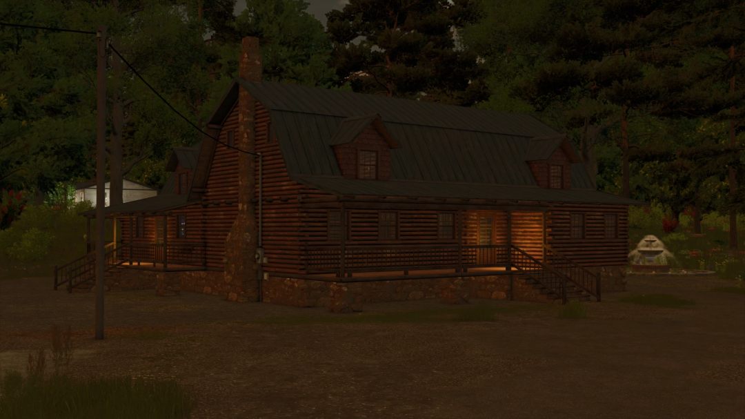 Old log house mod in FS25 surrounded by trees, featuring wooden architecture and a chimney, under a dusky sky.