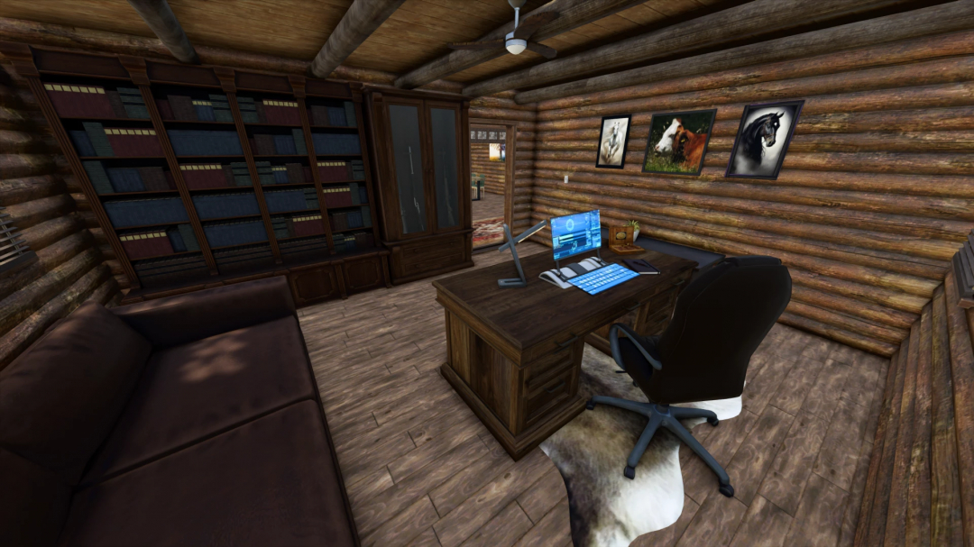 FS25 mods: Interior of Old Log House v1.0.0.0 in Farming Simulator 25 featuring a wooden desk, chair, and bookshelves.