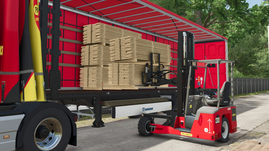 Palfinger FLC-253 mod in FS25, forklift loading timber onto a trailer.