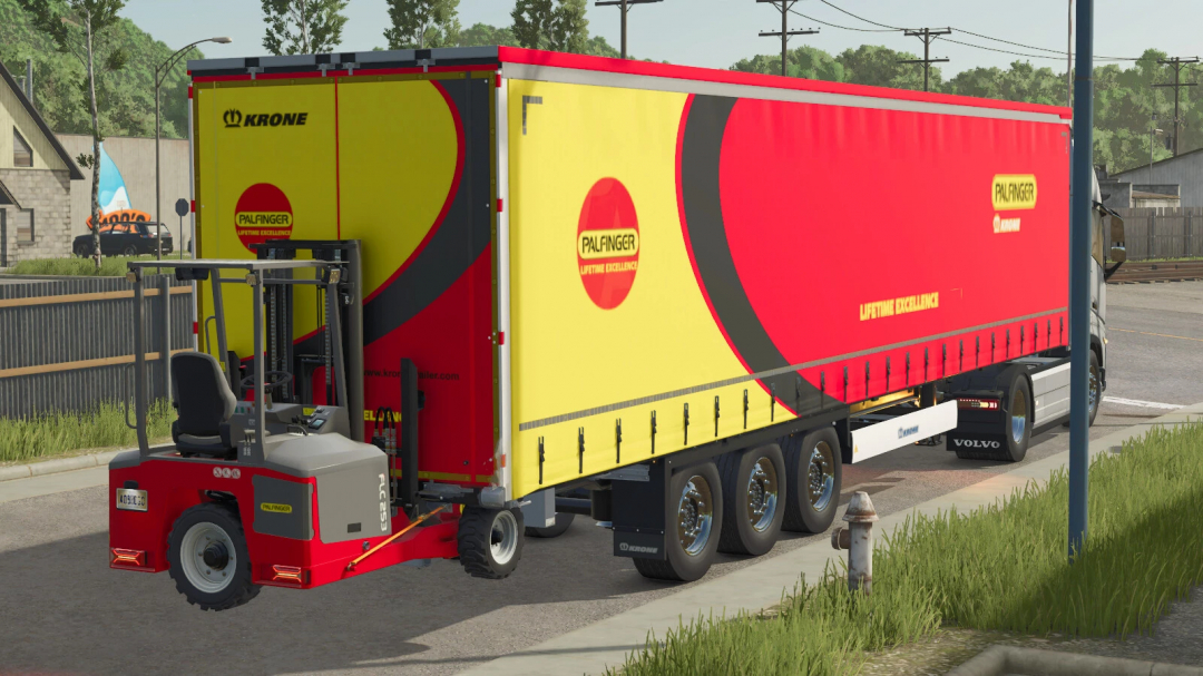 FS25 Palfinger FLC-253 Pack mod showcasing a red and yellow trailer with a forklift on a city road.