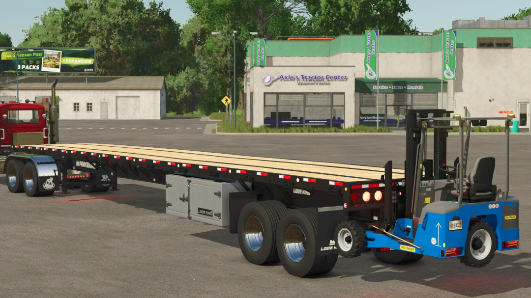 FS25 mod Palfinger FLC-253 Pack features a truck trailer with a forklift parked outside a tractor center.