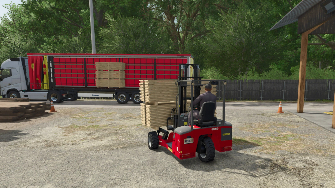 FS25 mod Palfinger FLC-253 Pack shows a forklift loading wooden pallets onto a red truck in Farming Simulator 25.