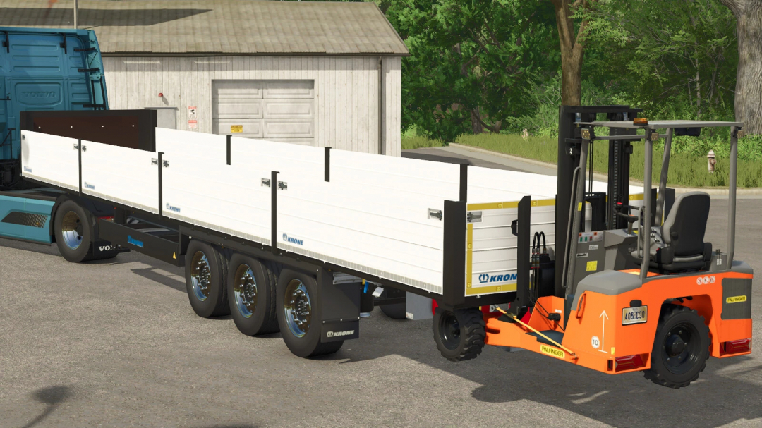 FS25 mod Palfinger FLC-253 Pack v1.0.0.0 showing a trailer with forklift in Farming Simulator 25.