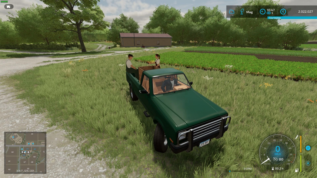 FS22 Pickup Hand Harvester mod in action, featuring a green pickup truck in a lush field environment. Farming Simulator 22 mods.