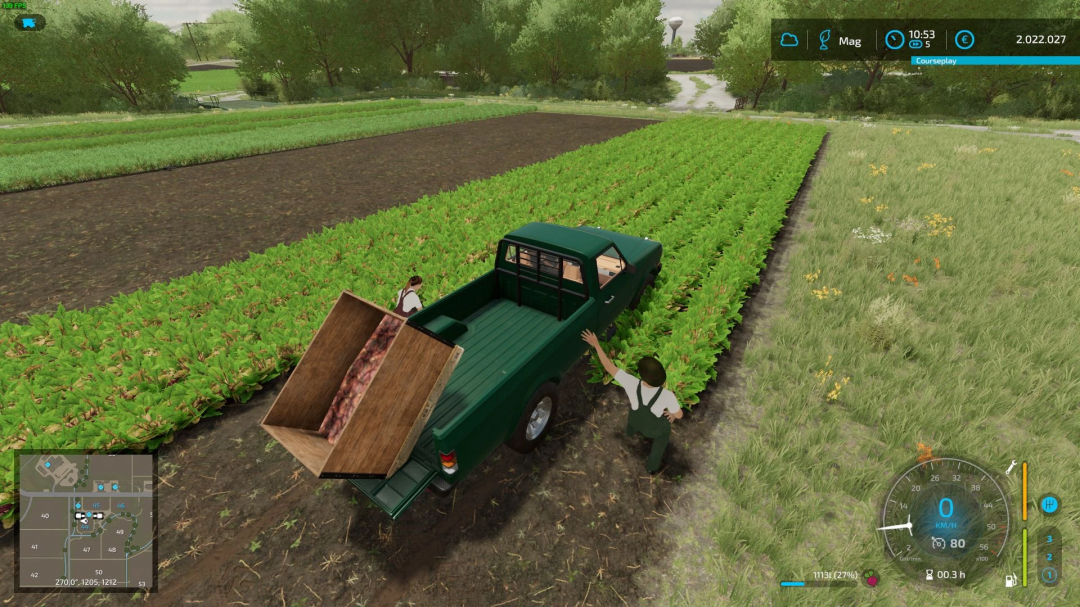 FS22 Pickup Hand Harvester mod in action, collecting crops in a field. Farming Simulator 22 mods enhance gameplay experience.