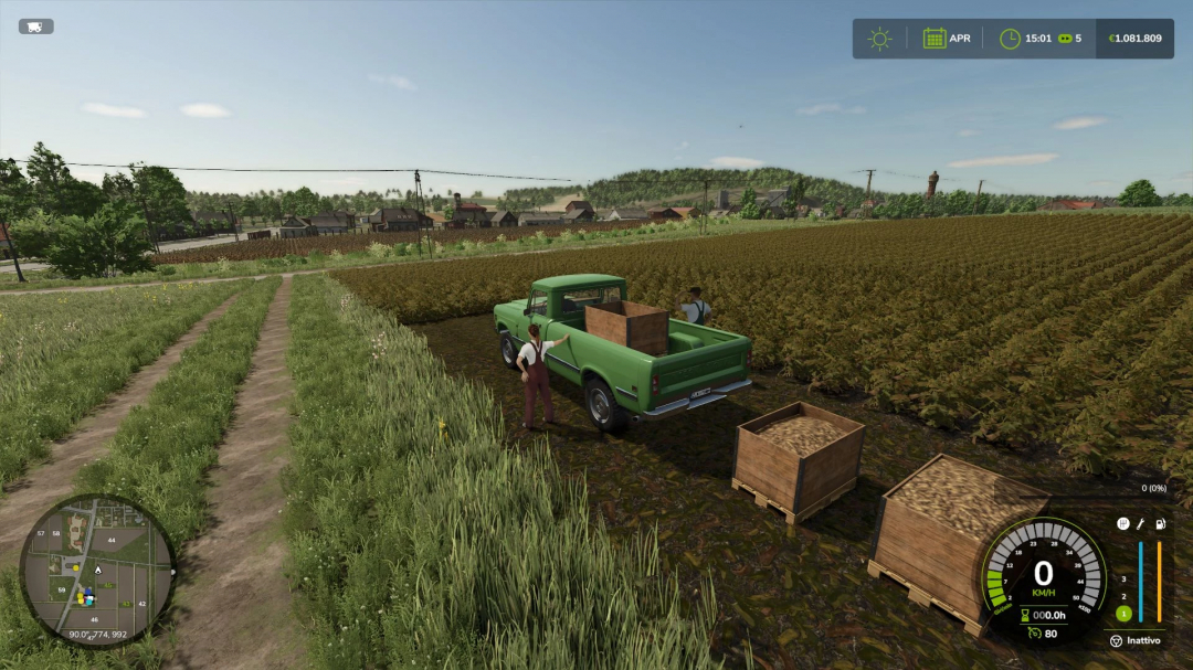 Hand harvesting scene in FS25 using the Pickup Hand Harvester mod, displaying workers loading boxes into a green pickup truck on a farm.